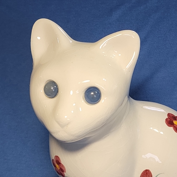 Vtg Ceramic White Kitty Cat Art Elpa Alcobaca Portuguese Hand Painted Flowers - Picture 8 of 10
